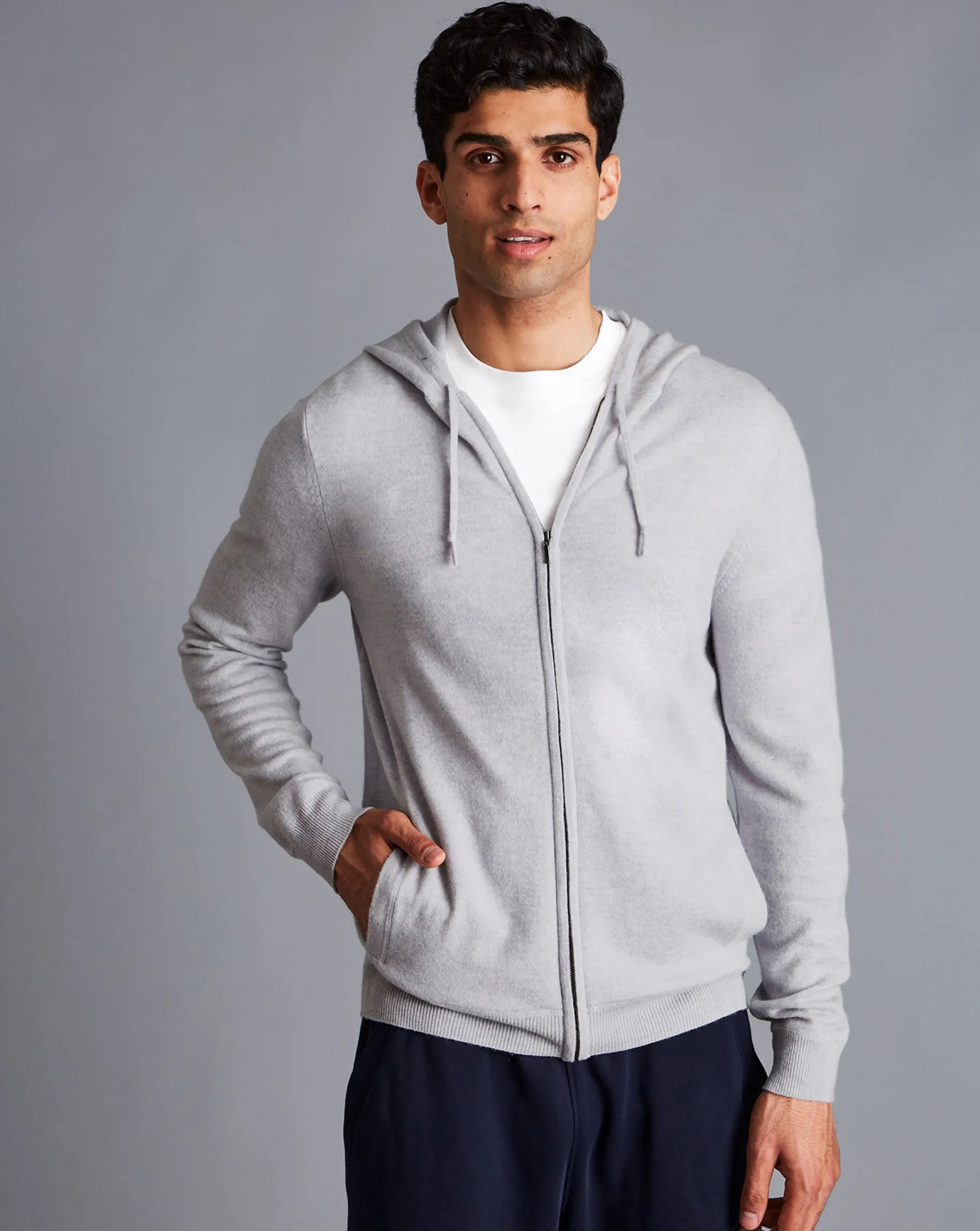 Sweaters<Charles Tyrwhitt Merino Cashmere Hooded Zip Through Sweater - Silver