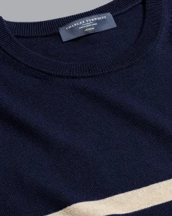 Sweaters<Charles Tyrwhitt Merino Crew Neck Striped Sweater - Navy & Stone