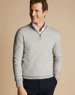 Golf Collection|Quarter Zip Sweaters<Charles Tyrwhitt Merino Quarter Zip Sweater - Silver