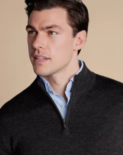 Grey Sweaters|Quarter Zip Sweaters<Charles Tyrwhitt Merino Quarter Zip Sweater - Grey Charcoal