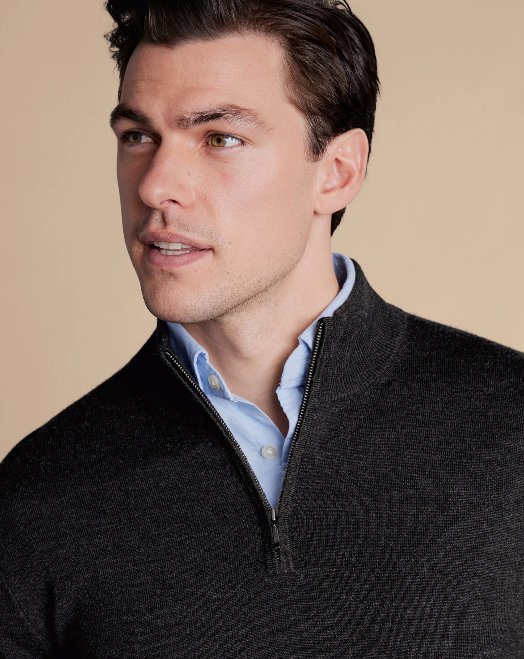 Grey Sweaters|Quarter Zip Sweaters<Charles Tyrwhitt Merino Quarter Zip Sweater - Grey Charcoal