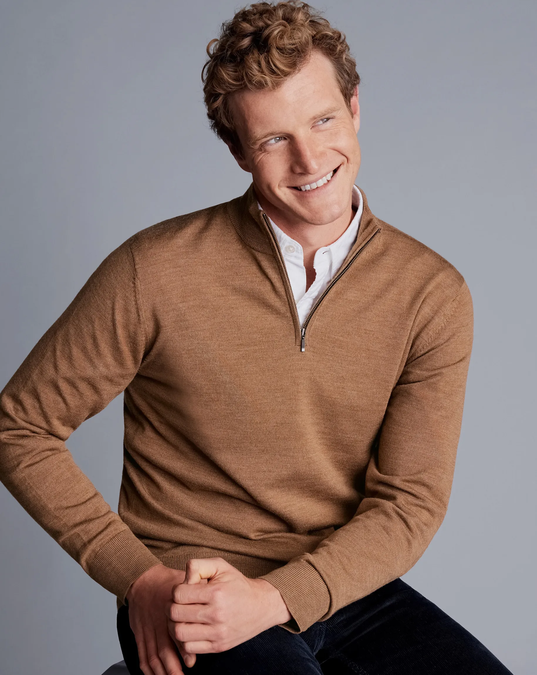 Quarter Zip Sweaters|Sweaters<Charles Tyrwhitt Merino Quarter Zip Sweater - Sand