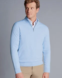 Golf Collection|Quarter Zip Sweaters<Charles Tyrwhitt Merino Quarter Zip Sweater - Blue Sky