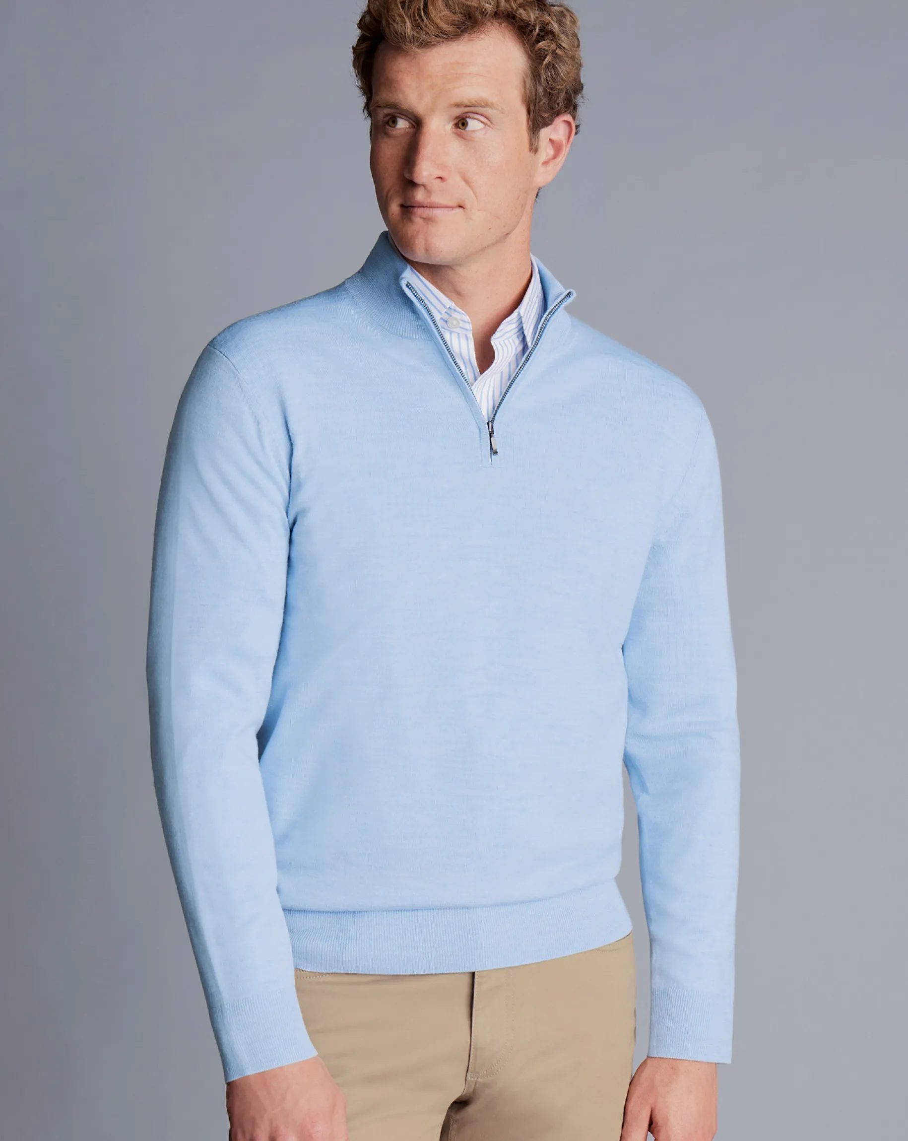 Golf Collection|Quarter Zip Sweaters<Charles Tyrwhitt Merino Quarter Zip Sweater - Blue Sky