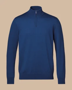 Quarter Zip Sweaters|Sweaters<Charles Tyrwhitt Merino Quarter Zip Sweater - Ocean Blue