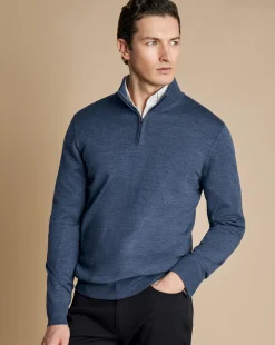 Quarter Zip Sweaters|Sweaters<Charles Tyrwhitt Merino Quarter Zip Sweater - Melange Indigo