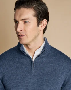 Quarter Zip Sweaters|Sweaters<Charles Tyrwhitt Merino Quarter Zip Sweater - Melange Indigo