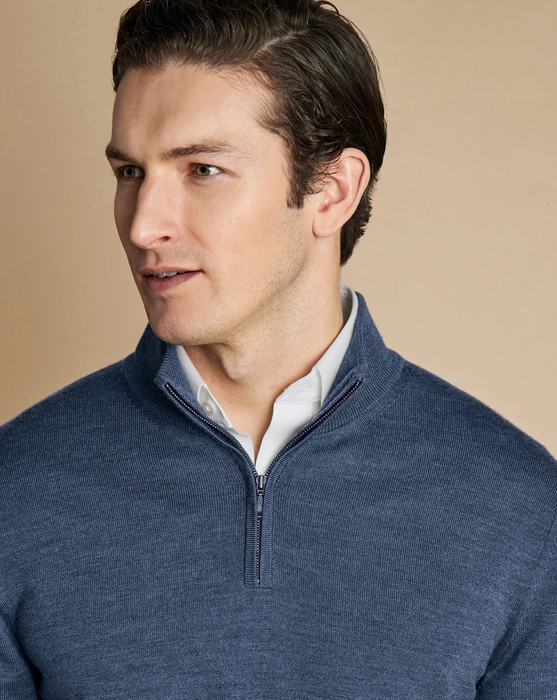 Quarter Zip Sweaters|Sweaters<Charles Tyrwhitt Merino Quarter Zip Sweater - Melange Indigo
