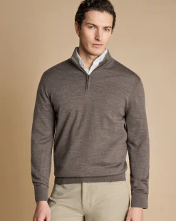 Brown Sweaters|Quarter Zip Sweaters<Charles Tyrwhitt Merino Quarter Zip Sweater - Mocha