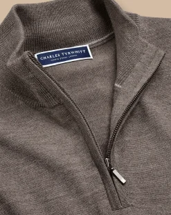 Brown Sweaters|Quarter Zip Sweaters<Charles Tyrwhitt Merino Quarter Zip Sweater - Mocha
