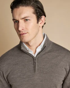 Brown Sweaters|Quarter Zip Sweaters<Charles Tyrwhitt Merino Quarter Zip Sweater - Mocha