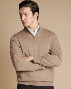 Golf Collection|Quarter Zip Sweaters<Charles Tyrwhitt Merino Quarter Zip Sweater - Oatmeal
