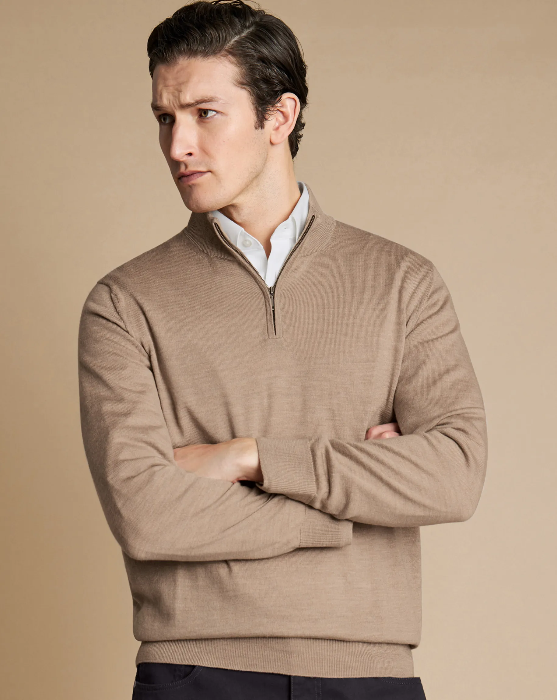 Golf Collection|Quarter Zip Sweaters<Charles Tyrwhitt Merino Quarter Zip Sweater - Oatmeal
