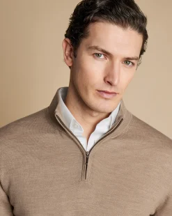 Golf Collection|Quarter Zip Sweaters<Charles Tyrwhitt Merino Quarter Zip Sweater - Oatmeal