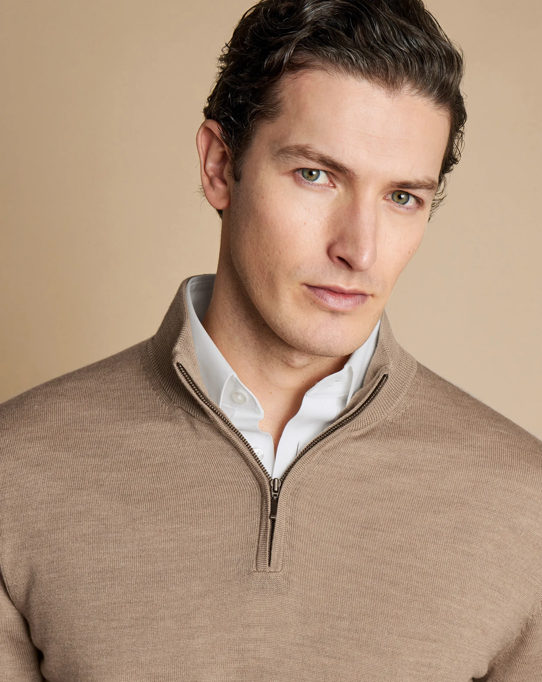 Golf Collection|Quarter Zip Sweaters<Charles Tyrwhitt Merino Quarter Zip Sweater - Oatmeal