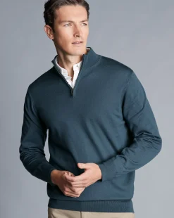 Quarter Zip Sweaters|Sweaters<Charles Tyrwhitt Merino Quarter Zip Sweater - Petrol Blue