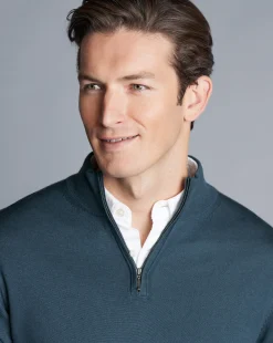 Quarter Zip Sweaters|Sweaters<Charles Tyrwhitt Merino Quarter Zip Sweater - Petrol Blue