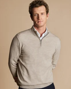 Quarter Zip Sweaters|Sweaters<Charles Tyrwhitt Merino Quarter Zip Sweater - Limestone