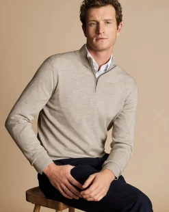 Quarter Zip Sweaters|Sweaters<Charles Tyrwhitt Merino Quarter Zip Sweater - Limestone