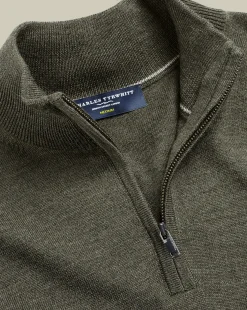 Quarter Zip Sweaters|Sweaters<Charles Tyrwhitt Merino Quarter Zip Sweater - Green Melange Olive