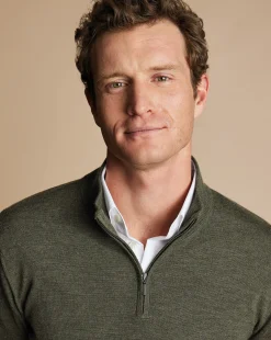 Quarter Zip Sweaters|Sweaters<Charles Tyrwhitt Merino Quarter Zip Sweater - Green Melange Olive