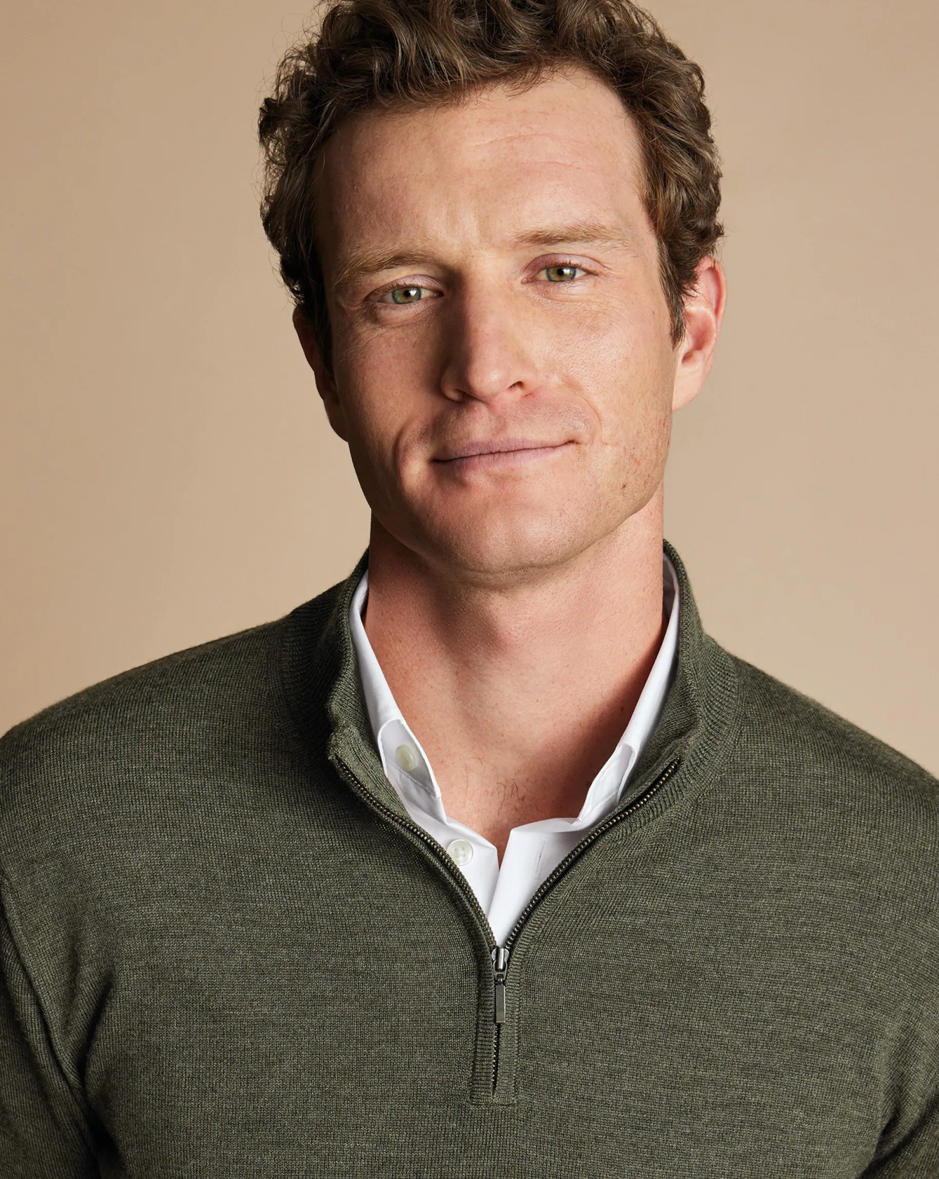 Quarter Zip Sweaters|Sweaters<Charles Tyrwhitt Merino Quarter Zip Sweater - Green Melange Olive