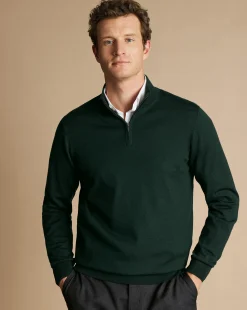 Green Sweaters|Quarter Zip Sweaters<Charles Tyrwhitt Merino Quarter Zip Sweater - Forest Green