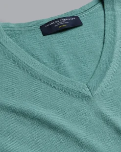 Sweaters<Charles Tyrwhitt Merino V-Neck Sweater - Green Aqua