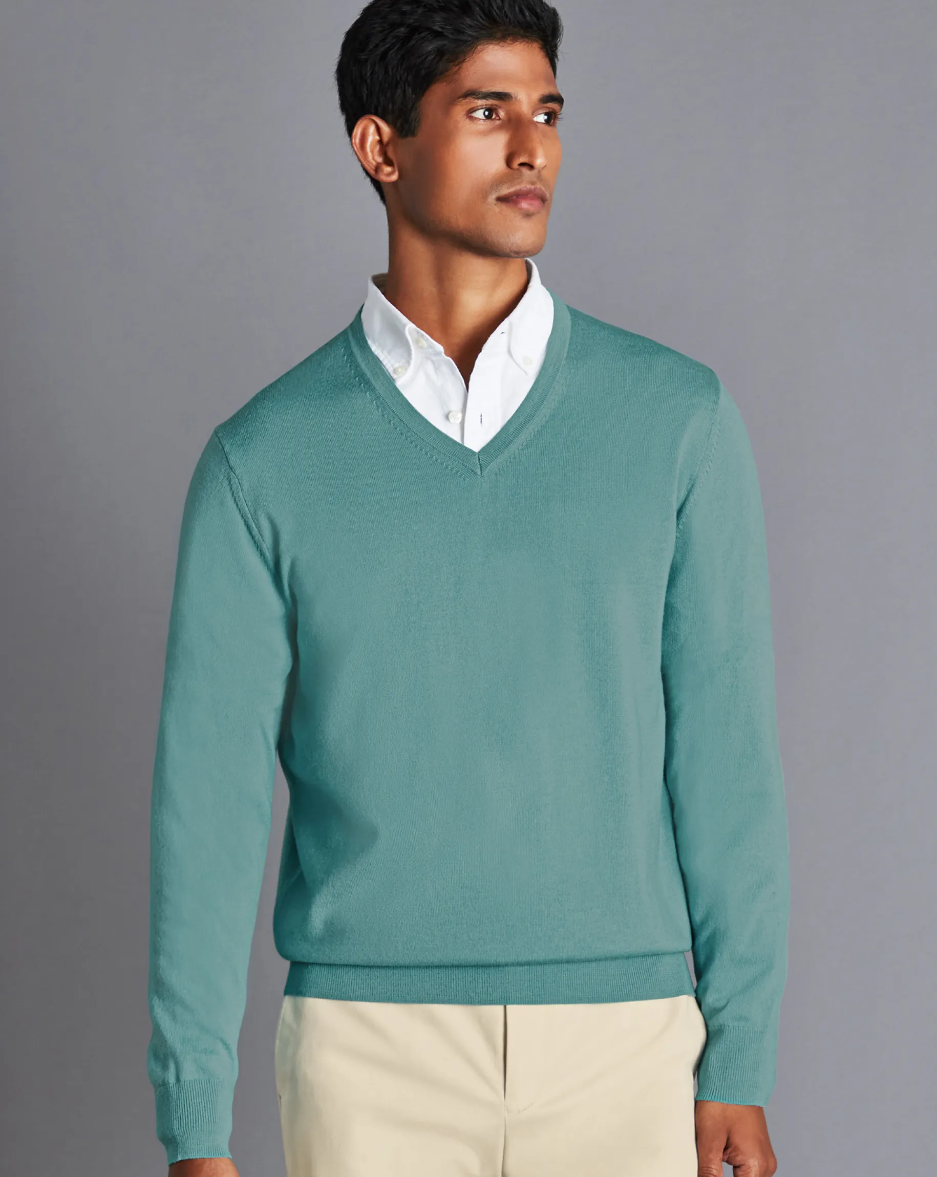 Sweaters<Charles Tyrwhitt Merino V-Neck Sweater - Green Aqua