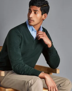 Sweaters<Charles Tyrwhitt Merino V-Neck Sweater - Forest Green