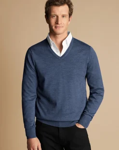 V-Neck Sweaters|Sweaters<Charles Tyrwhitt Merino V-Neck Sweater - Melange Indigo