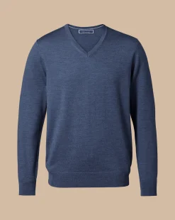 V-Neck Sweaters|Sweaters<Charles Tyrwhitt Merino V-Neck Sweater - Melange Indigo