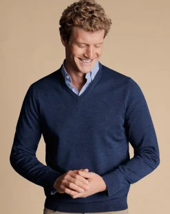 V-Neck Sweaters|Sweaters<Charles Tyrwhitt Merino V-Neck Sweater - Ink Blue