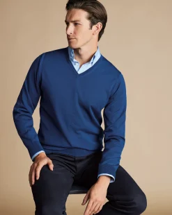 V-Neck Sweaters|Sweaters<Charles Tyrwhitt Merino V-Neck Sweater - Ocean Blue
