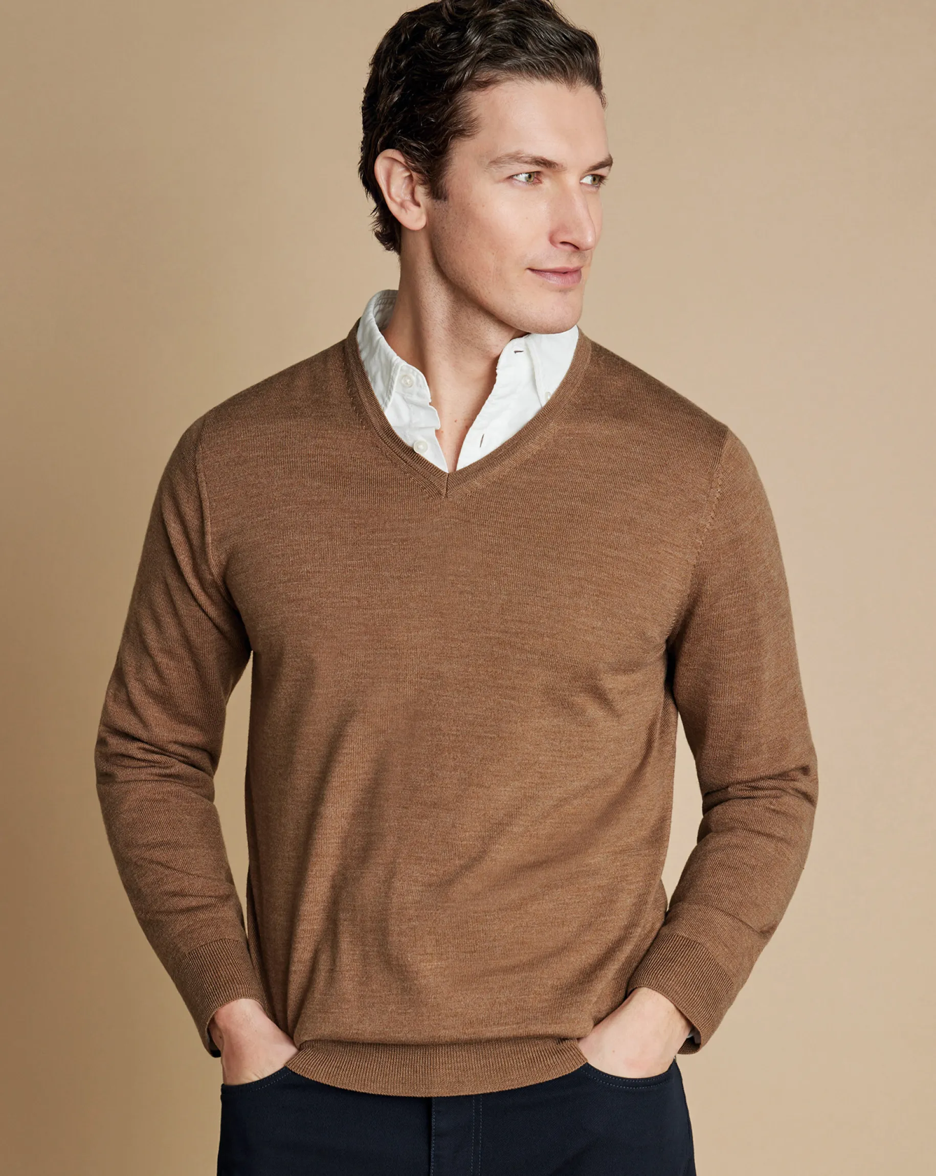 V-Neck Sweaters|Sweaters<Charles Tyrwhitt Merino V-Neck Sweater - Sand