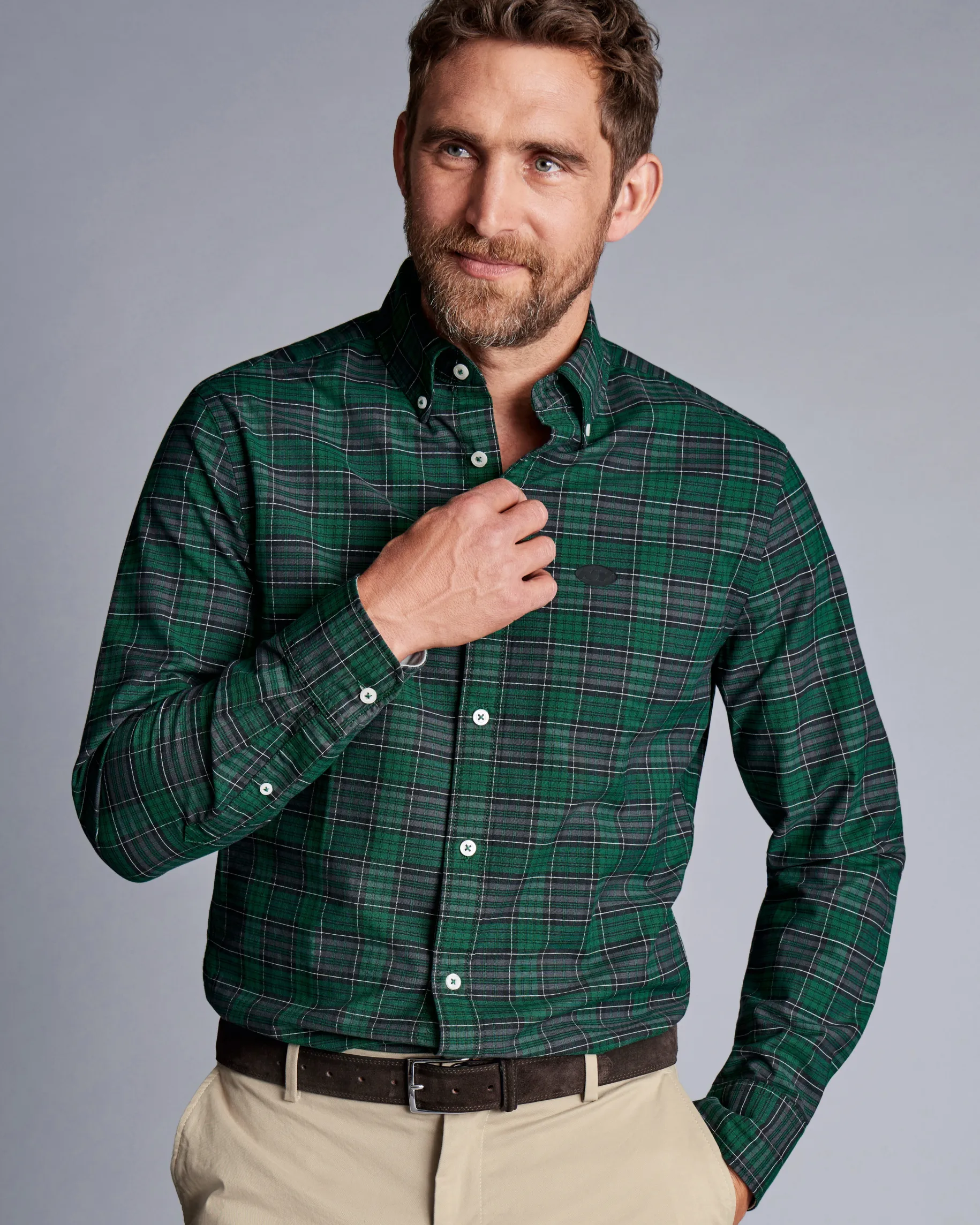 Casual Shirts|Check Shirts<Charles Tyrwhitt New York Jets Button-Down Collar Washed Oxford Check Shirt - Green