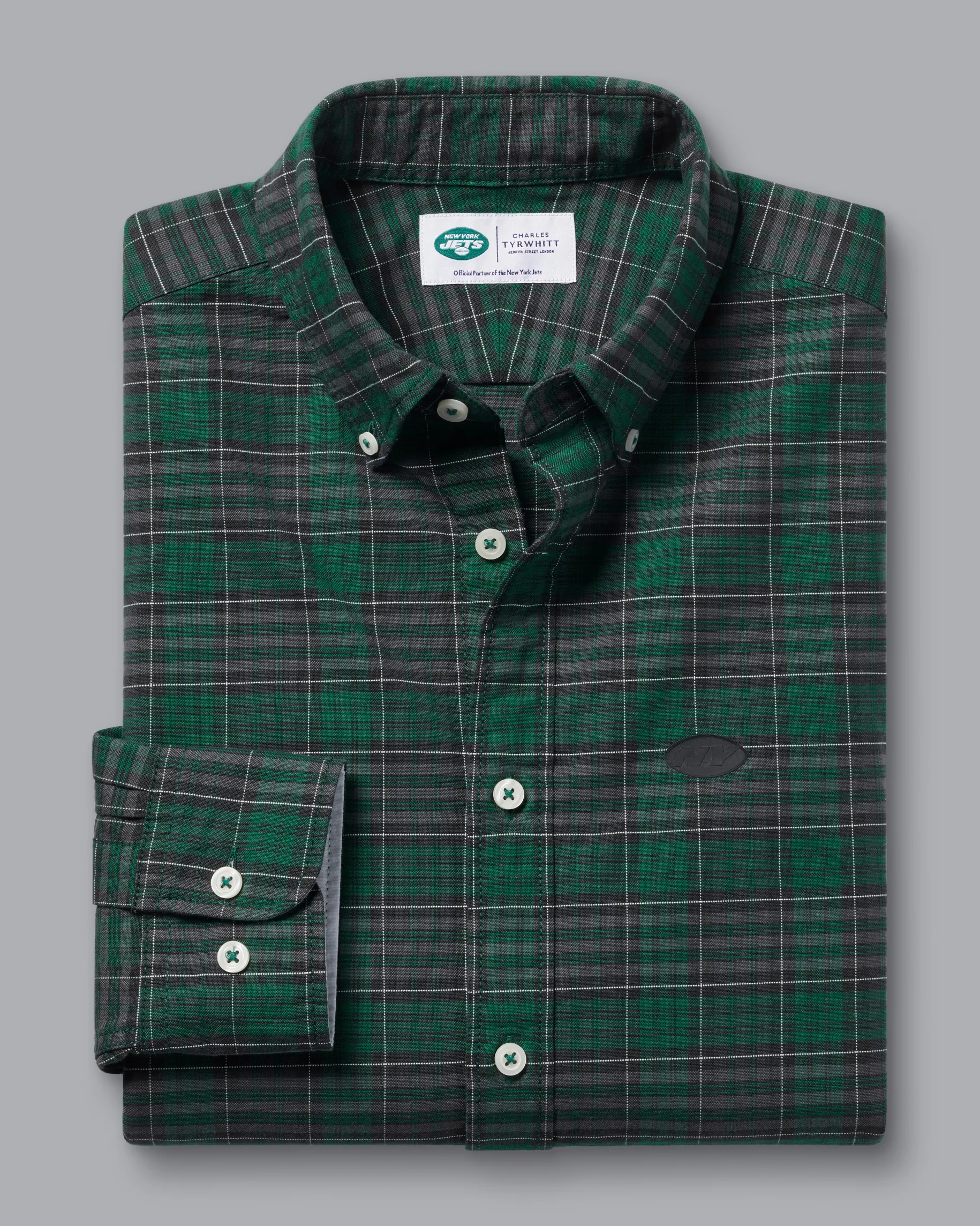 Casual Shirts|Check Shirts<Charles Tyrwhitt New York Jets Button-Down Collar Washed Oxford Check Shirt - Green