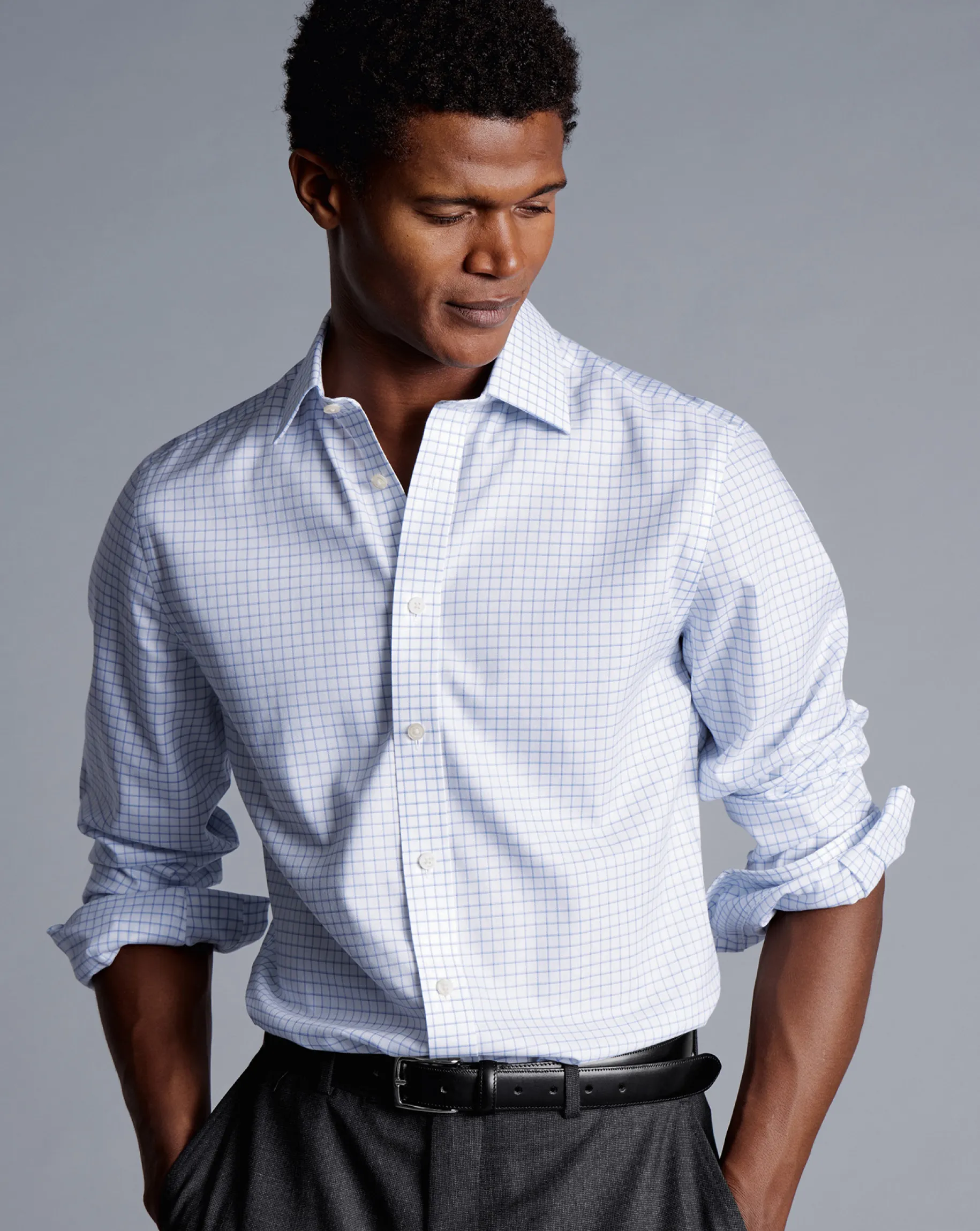 Shirt Sale|Dress Shirts<Charles Tyrwhitt Non-Iron Twill Fine Shadow Check Shirt - Cornflower Blue