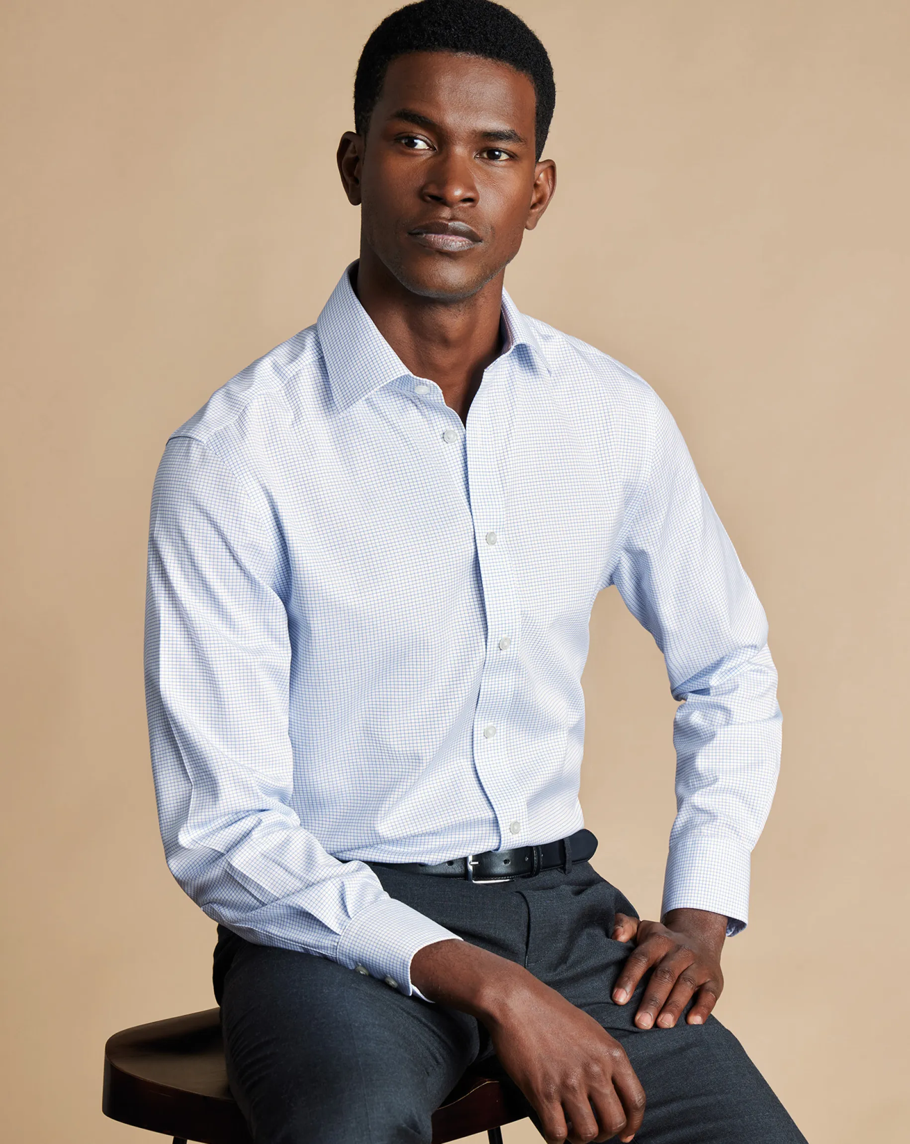 Dress Shirts|Blue Shirts<Charles Tyrwhitt Non-Iron Twill Mini Grid Check Shirt - Cornflower Blue