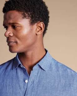 Short Sleeve Shirts|Casual Shirts<Charles Tyrwhitt Pure Linen Short Sleeve Shirt - Cobalt Blue