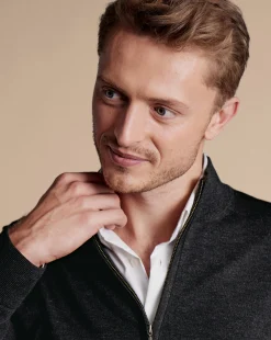 Grey Sweaters|Cardigans<Charles Tyrwhitt Pure Merino Full Zip-Through Cardigan - Grey Charcoal