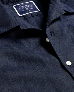 Casual Shirts|S<Charles Tyrwhitt Revere Collar Pure Linen Short Sleeve Shirt - Navy Blue
