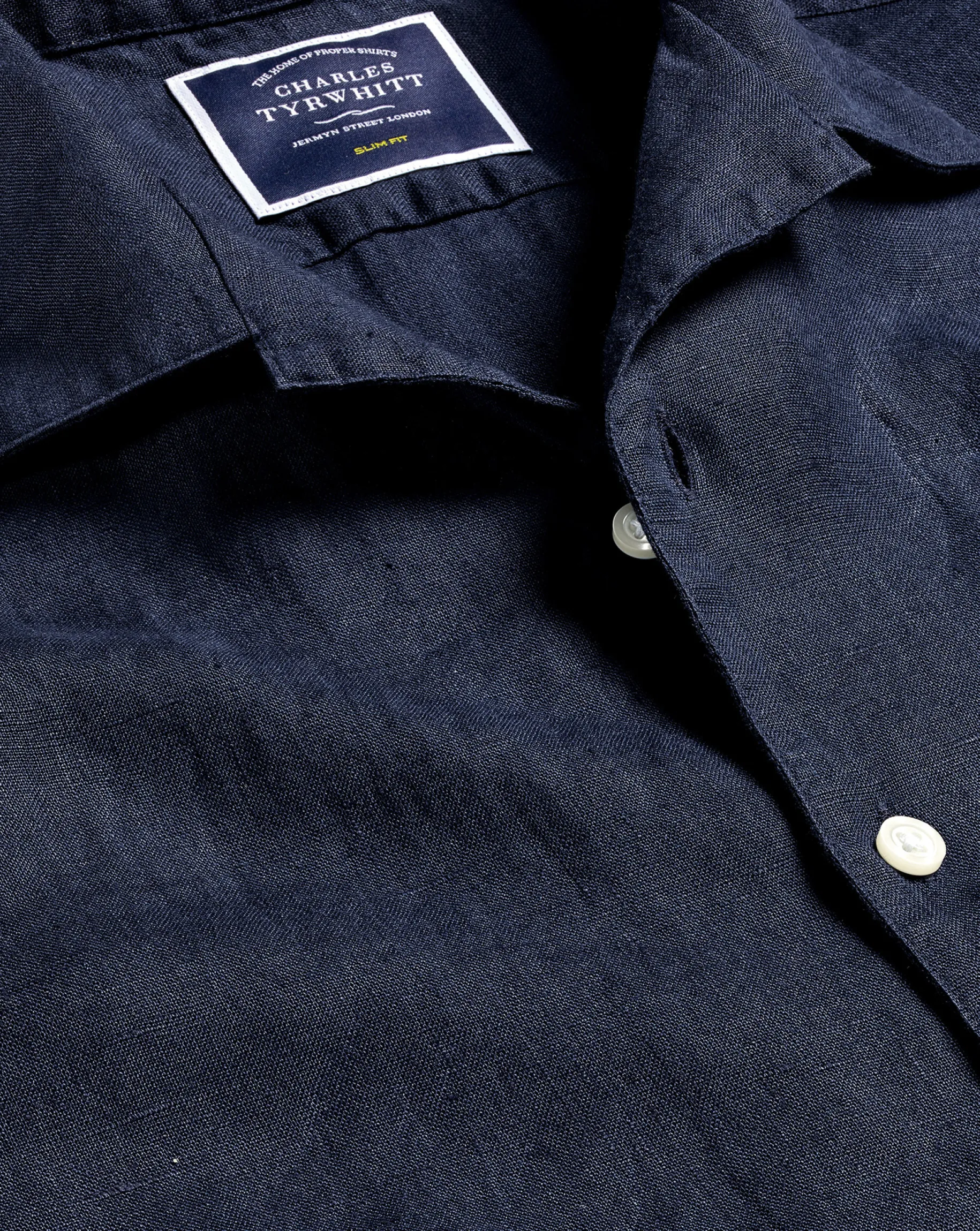 Casual Shirts|S<Charles Tyrwhitt Revere Collar Pure Linen Short Sleeve Shirt - Navy Blue