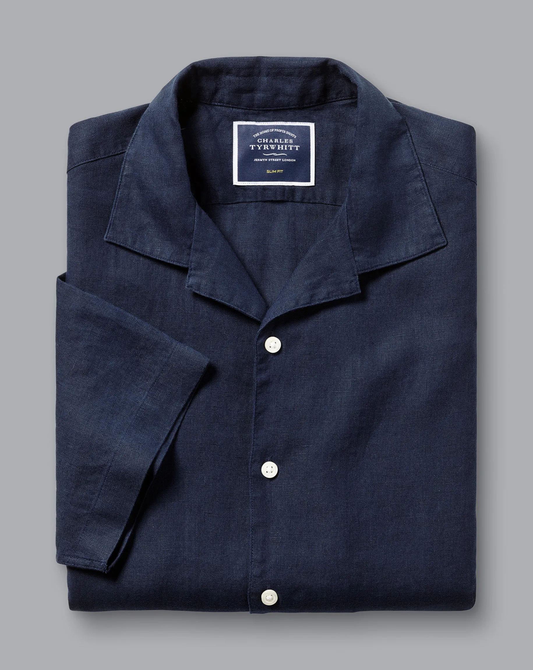 Casual Shirts|S<Charles Tyrwhitt Revere Collar Pure Linen Short Sleeve Shirt - Navy Blue