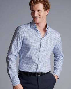 Shirt Sale|Dress Shirts<Charles Tyrwhitt Semi-Spread Collar Egyptian Cotton Twill Double Check Shirt - Ocean Blue