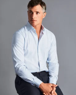 Shirt Sale|Dress Shirts<Charles Tyrwhitt Semi-Spread Collar Egyptian Cotton Twill Twin Check Shirt - Cornflower Blue