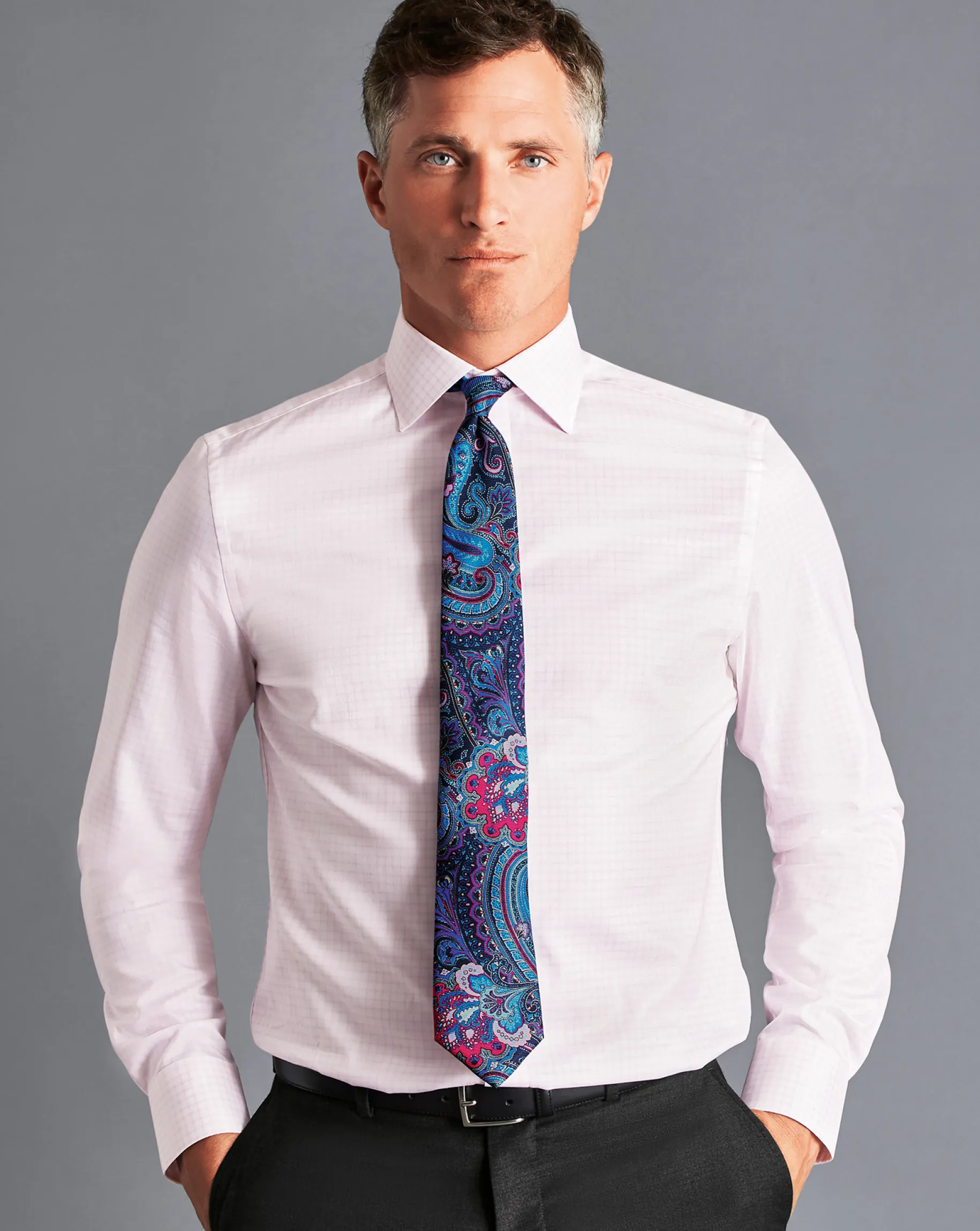 Shirt Sale|Dress Shirts<Charles Tyrwhitt Semi-Spread Collar Egyptian Cotton Twill Twin Check Shirt - Light Pink