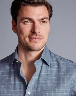 Shirt Sale|Dress Shirts<Charles Tyrwhitt Semi-Spread Collar Egyptian Cotton Twill Prince Of Wales Shirt - Steel Blue