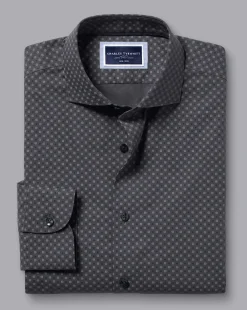 Dress Shirts|S<Charles Tyrwhitt Semi-Spread Collar Medallion Print Non-Iron Shirt - Grey Charcoal