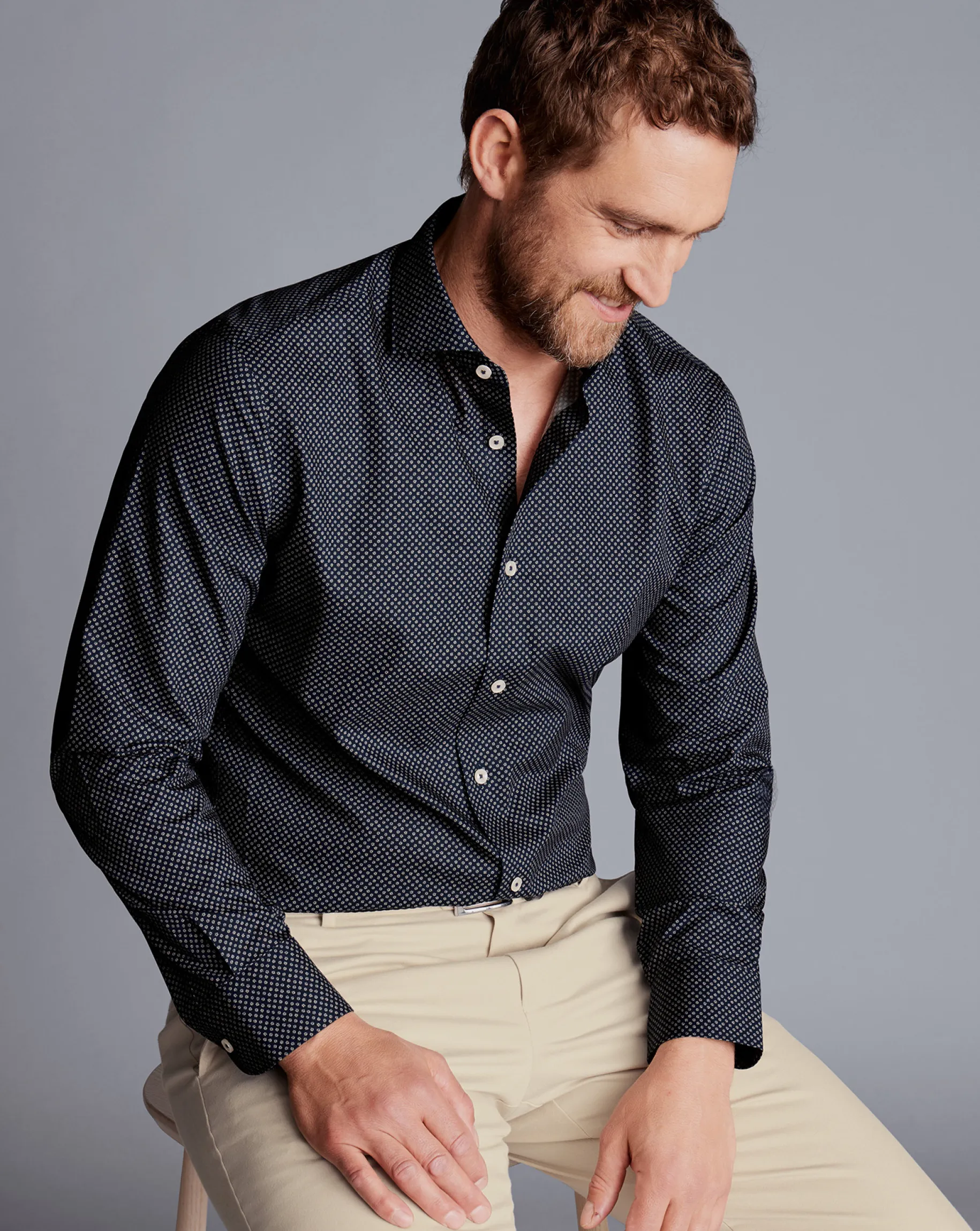 Dress Shirts|S<Charles Tyrwhitt Semi-Spread Collar Mini Floral Print Non-Iron Shirt - Blue Navy